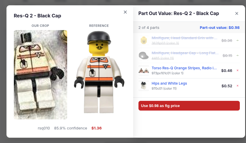 Brickguess part-out panel for a Res-Q minifigure: the crop shows it missing its head and cap, so those two parts are toggled off and the part-out value drops from $1.36 to $0.98