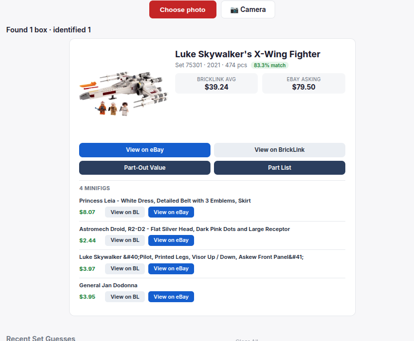 Set Guess result for LEGO 75301: the set value ($39.24 BrickLink average, $79.50 eBay asking) plus the four minifigures inside — Princess Leia, R2-D2, Luke Skywalker, and General Dodonna — each with its own value